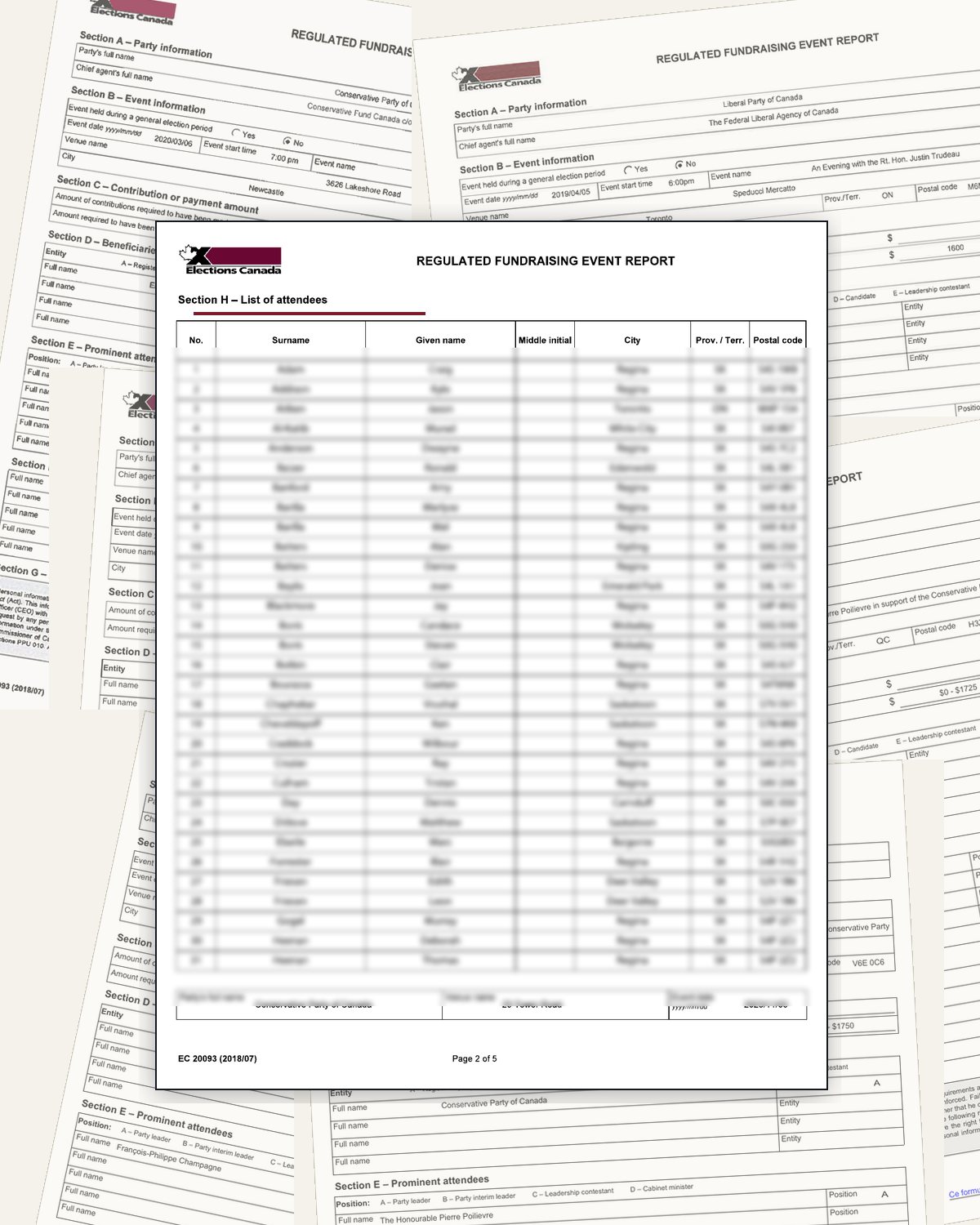 A fan of published Regulated Fundraising Event Reports, with a Section H list of attendees on top. The names in the list are blurred in this image.